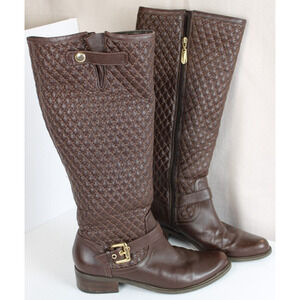 Luz Da Lua Riding Boots Women 7 Leather Tall Brown Quilted Full Zip Block Heel‎